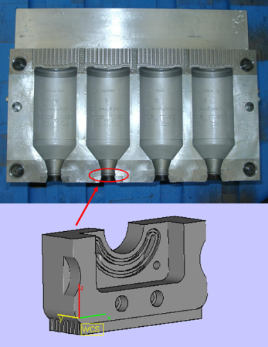 Figure 4. Cooled tooling inserts.A hybrid core containing conformal cooling channel built on top of a machined base. Courtesy of SIG Blowtec,Es-Tec, DemoCenter, LBC.