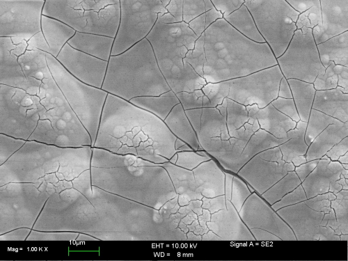 Figure 14: SEM micrograph of black passivated zinc-nickel alloy (Tridur ZnNi H1) with post-dip applied (Tridur Finish 300, 20% v/v, pH 5.5, 45°C, drying temperature of 80°C).