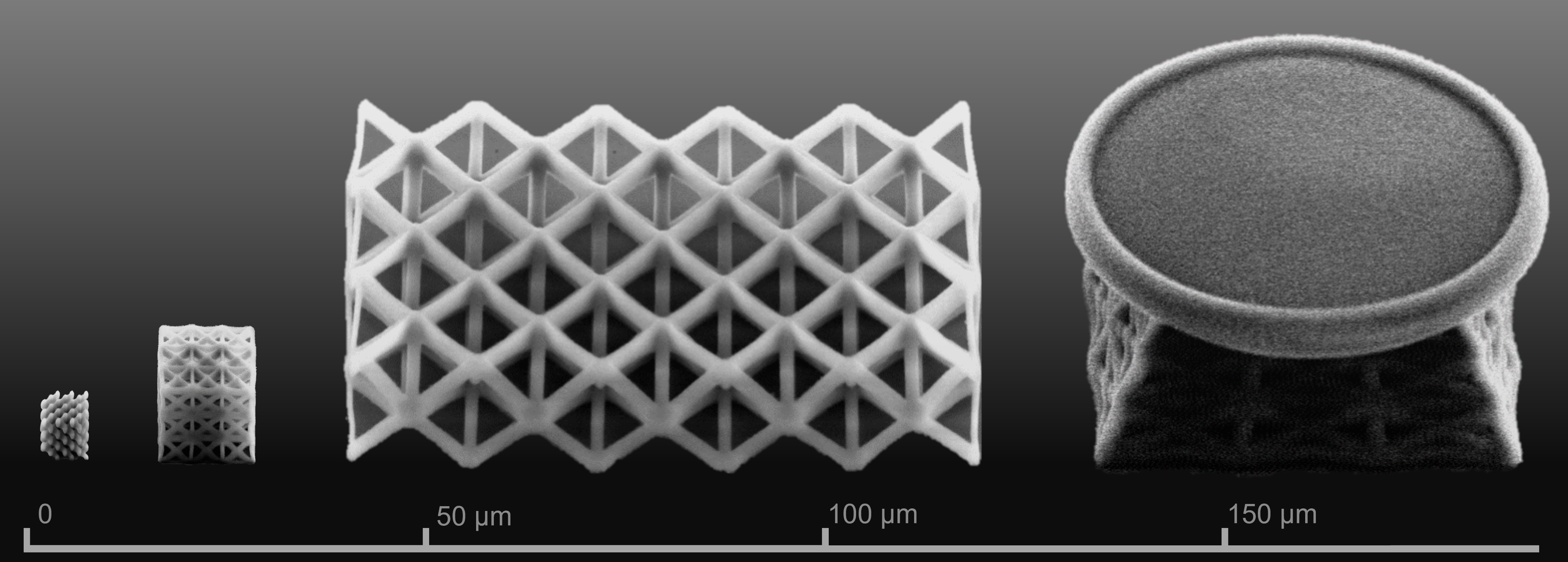 Microscopic images of the delicate structures printed by materials scientists at Rice University using their new technique. Sintering turns the structures into either glass or cristobalite. Image: The Nanomaterials, Nanomechanics and Nanodevices Lab/Rice University.