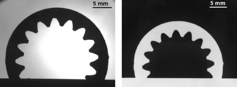 Figure 7. Optical dilatometry of the two-component ceramic gear wheel: (left) 1100°C, (right) 1600°C.