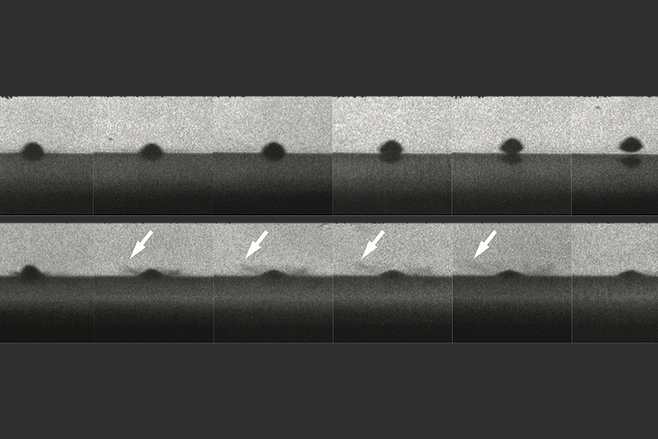 The top row of photos shows a particle that melts the surface on impact and bounces away without sticking. The bottom row shows a similar particle that does not melt and does stick to the surface. Arrows show impact sprays that look like liquid, but are actually solid particles. Image courtesy of the researchers.
