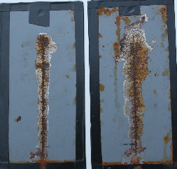 The panels with less corrosion used alternative application methods (ones on the left) and the ones with more corrosion used compressed air.