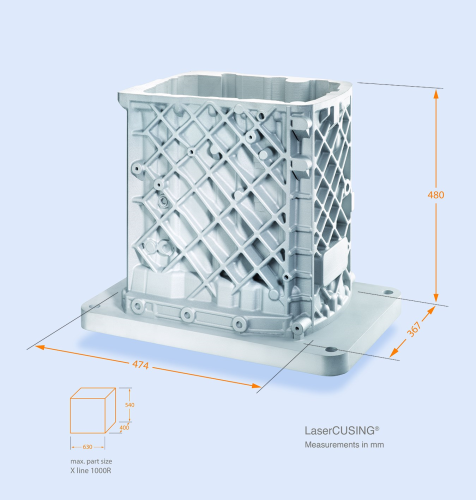The largest part produced using additive manufacturing: a gear housing made of aluminium (dimensions: x: 474mm; y: 367mm; z: 480m – excluding build platform height) is constructed from powder at rates of > 50cm³/h. Photo courtesy Concept Laser.