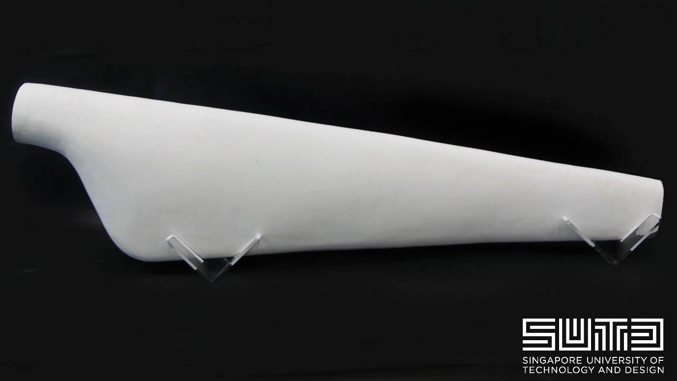 This 1.2m, 5.2kg turbine blade was fabricated entirely with FLAMs made from cellulose and chitosan. Photo: SUTD.