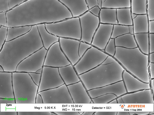 Figure 3: Surface SEM image of zinc-nickel with a black hexavalent chromate applied. Notice the typical 