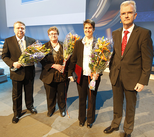 Product developers of the year, from left Sakari Ruppi, Silivia Dahlund and Jenni Zackrisson of Seco Tools were awarded the Haglund Medal by Sandvik's Head of R&D Olle Wijk.