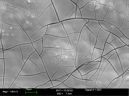 Figure 15: SEM micrograph of black passivated zinc-nickel alloy (Tridur ZnNi H1) with post-dip applied (Tridur Finish 300, 30% v/v, pH 5.5, 45°C, drying temperature of 80°C).