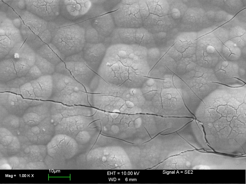 Figure 13: SEM micrograph of black passivated zinc-nickel alloy (Tridur ZnNi H1) with post-dip applied (Tridur Finish 300, 10% v/v, pH 5.5, 45°C, drying temperature of 80°C).
