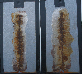 The panels with less corrosion used alternative application methods (ones on the left) and the ones with more corrosion used compressed air.