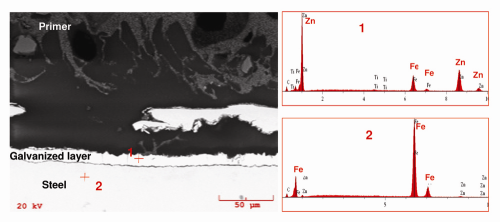 Figure 9: SEM from Box B (external surface) and a comparison of EDS spectra obtained from the metallic layer (Spot 1) and about 10 µm below the sheet steel (Spot 2) showing the metallic layer was zinc rich.