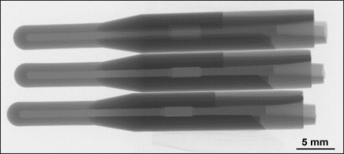 Figure 2. X-ray radiographic image of three glow plug parts in the green state.