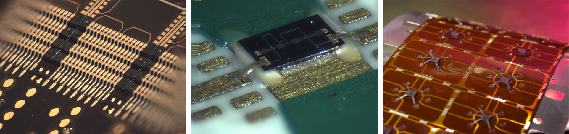 Semiconductor packaging examples showing 3D Interconnects for 3D stacked die (left), mmWave (center), and flex circuit (right).