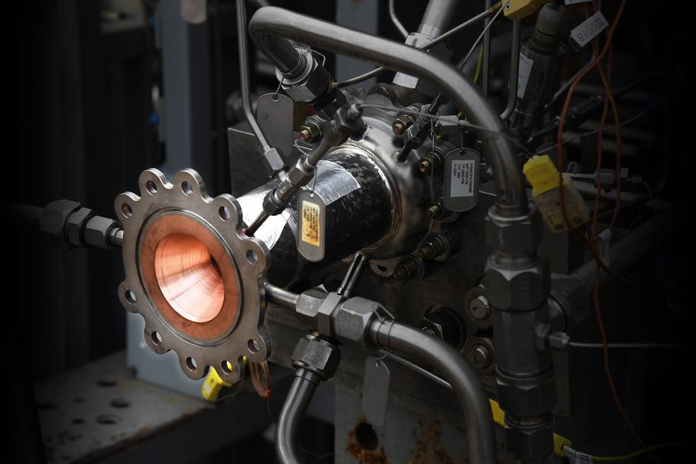 A 3D-printed rocket engine combustion chamber awaiting hot-fire testing at NASA. (photo courtesy NASA/Virgin Orbit.)