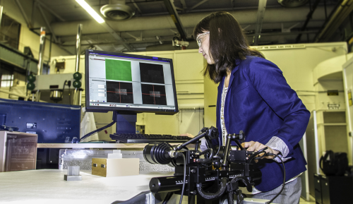 Amanda Wu images an additively manufactured part using digital image correlation. Photo by Julie Russell/LLNL.