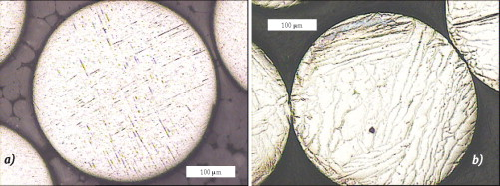 Figure 9. Microstructure of microspheres. a) Fine beads, before sintering, martensitic structure. b) Same beads after sintering cycle at 1400°C for four hours, showing coarse a platelets. Etch: Kroll's reagent.