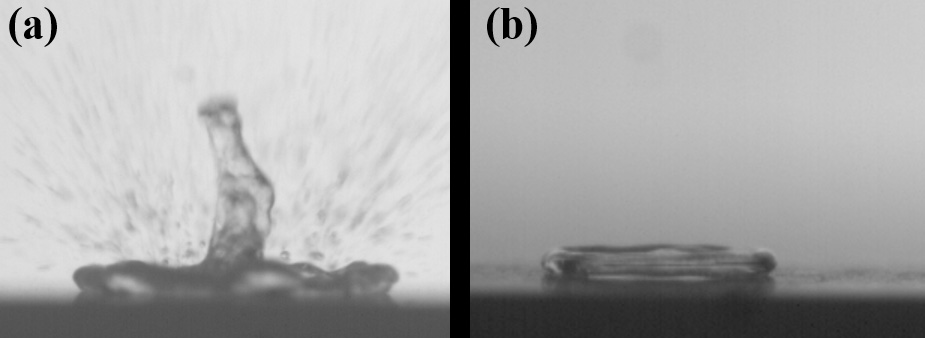 These photos show cold droplets interacting with a hot surface at 300°C: (a) on as-received alumina ceramics; and (b) on an engineered hydrophobic surface. Photo: Divya J. Prakash and Youho Lee.