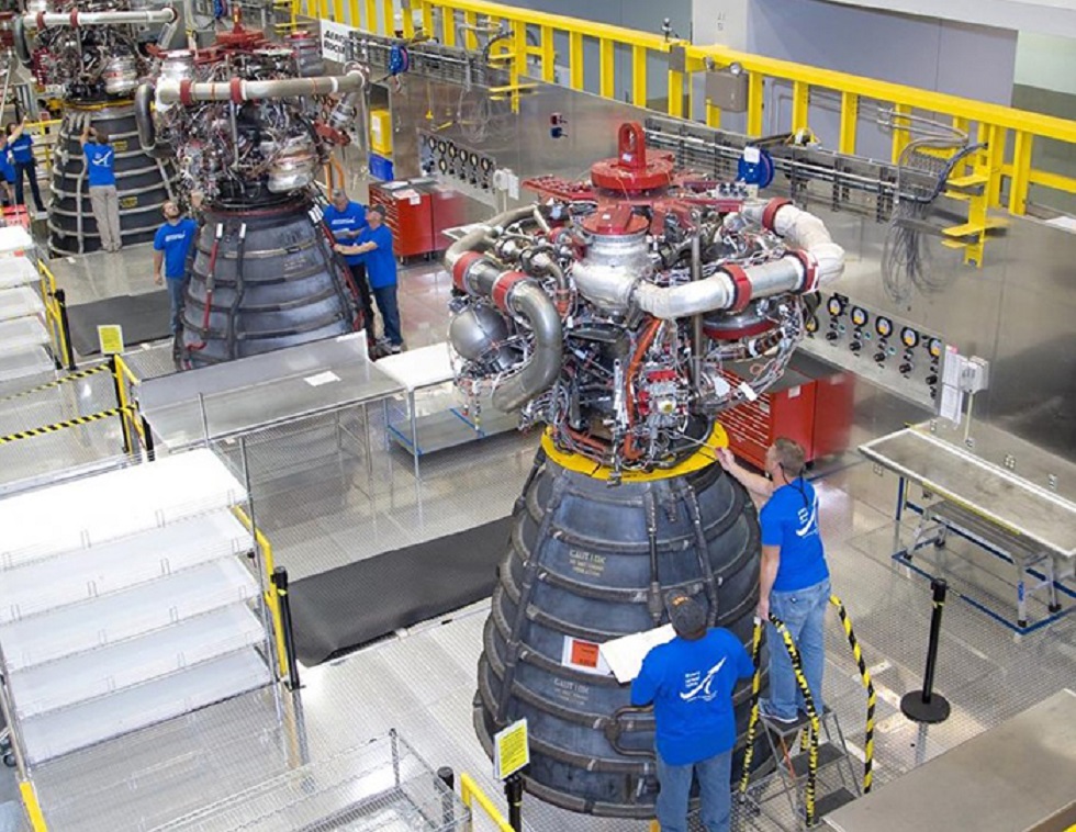 Three RS-25 engines at Aerojet Rocketdyne’s facility in Mississippi.