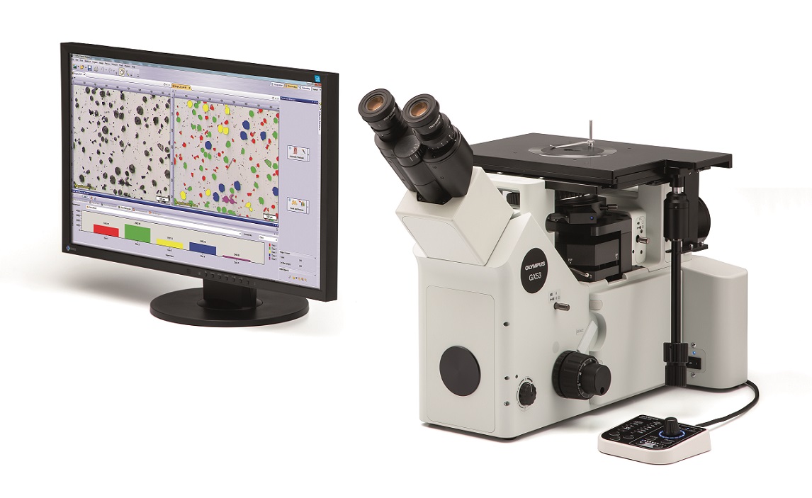 The Olympus GX53 inverted metallurgical microscope features an LED light source.