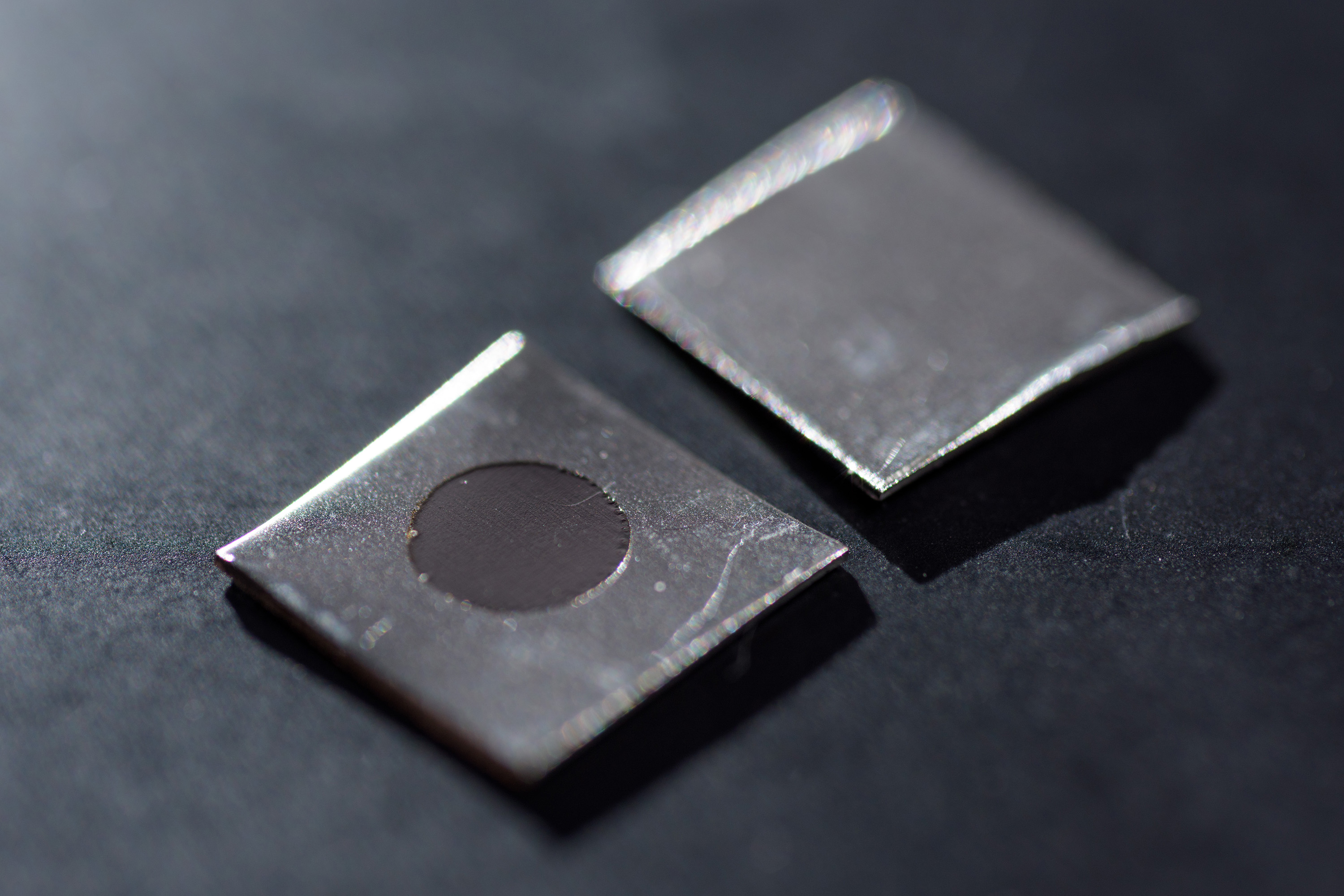 This close-up image shows an untreated stainless steel sample (left) and a sample that has been electrochemically treated to create a nanotextured surface. Image: Rob Felt, Georgia Tech.