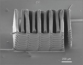 For the first time, a research team from the Wyss Institute at Harvard University and the University of Illinois at Urbana-Champaign demonstrated the ability to 3D-print a battery. This image shows the interlaced stack of electrodes that were printed layer by layer to create the working anode and cathode of a microbattery. [Ke Sun, Teng-Sing Wei, Jennifer Lewis, Shen J. Dillon]