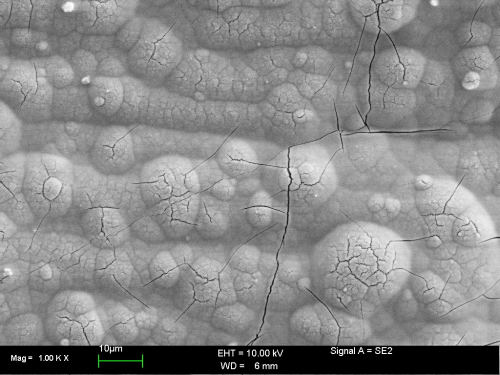 Figure 12: SEM micrograph of black passivated zinc-nickel alloy (Tridur ZnNi H1) with post-dip applied (Tridur Finish 300, 5% v/v, pH 5.5, 45°C, drying temperature of 80°C).